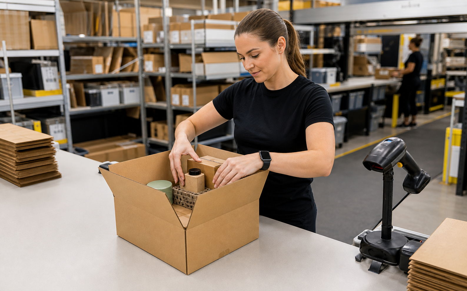 Multi-SKU ecommerce packing workstation and fulfillment flow